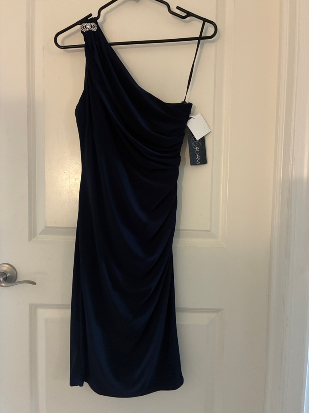 Betsy & Adam Navy One-Shoulder Cocktail Dress with Rhinestone Accent